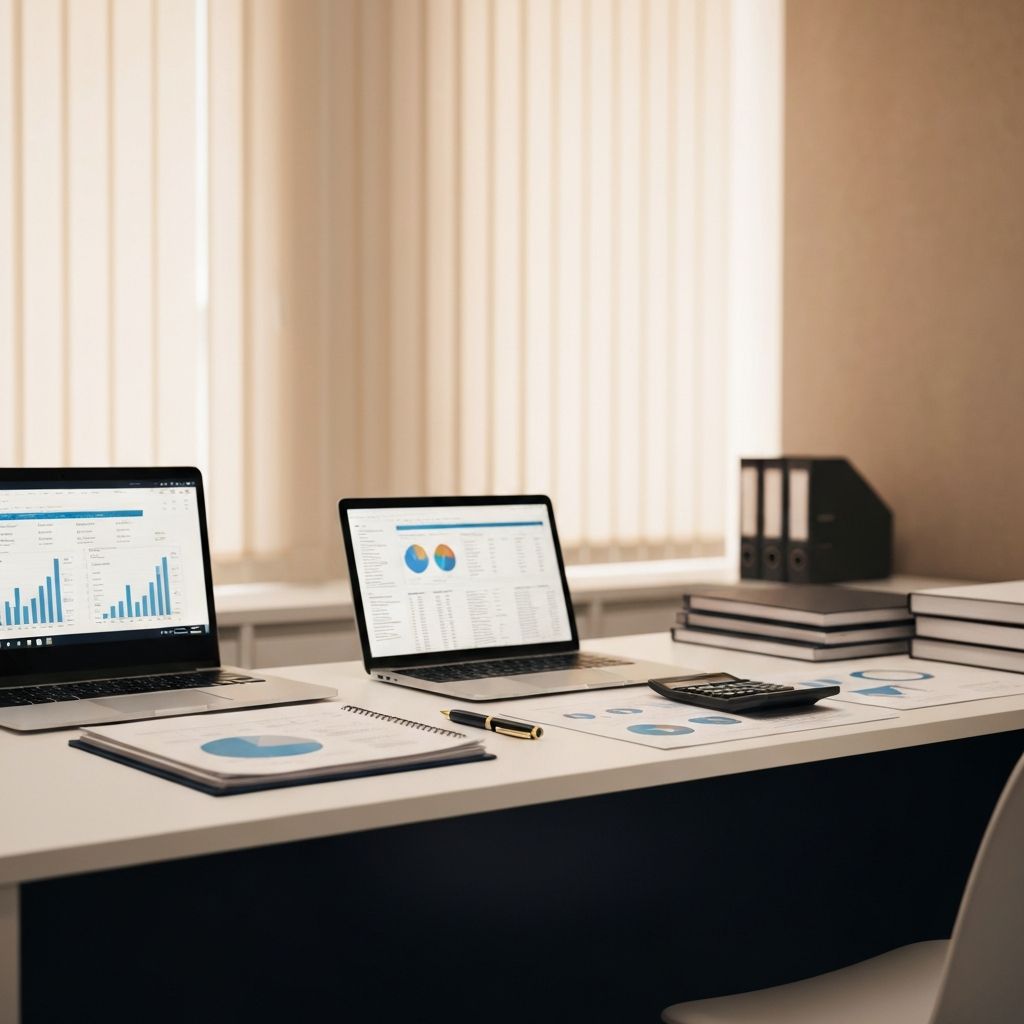 Professional accounting office — modern workspace with financial documents and laptop